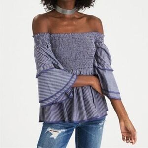 NWOT American Eagle Smocked Striped Off The Shoulder Bell Sleeve Blouse
